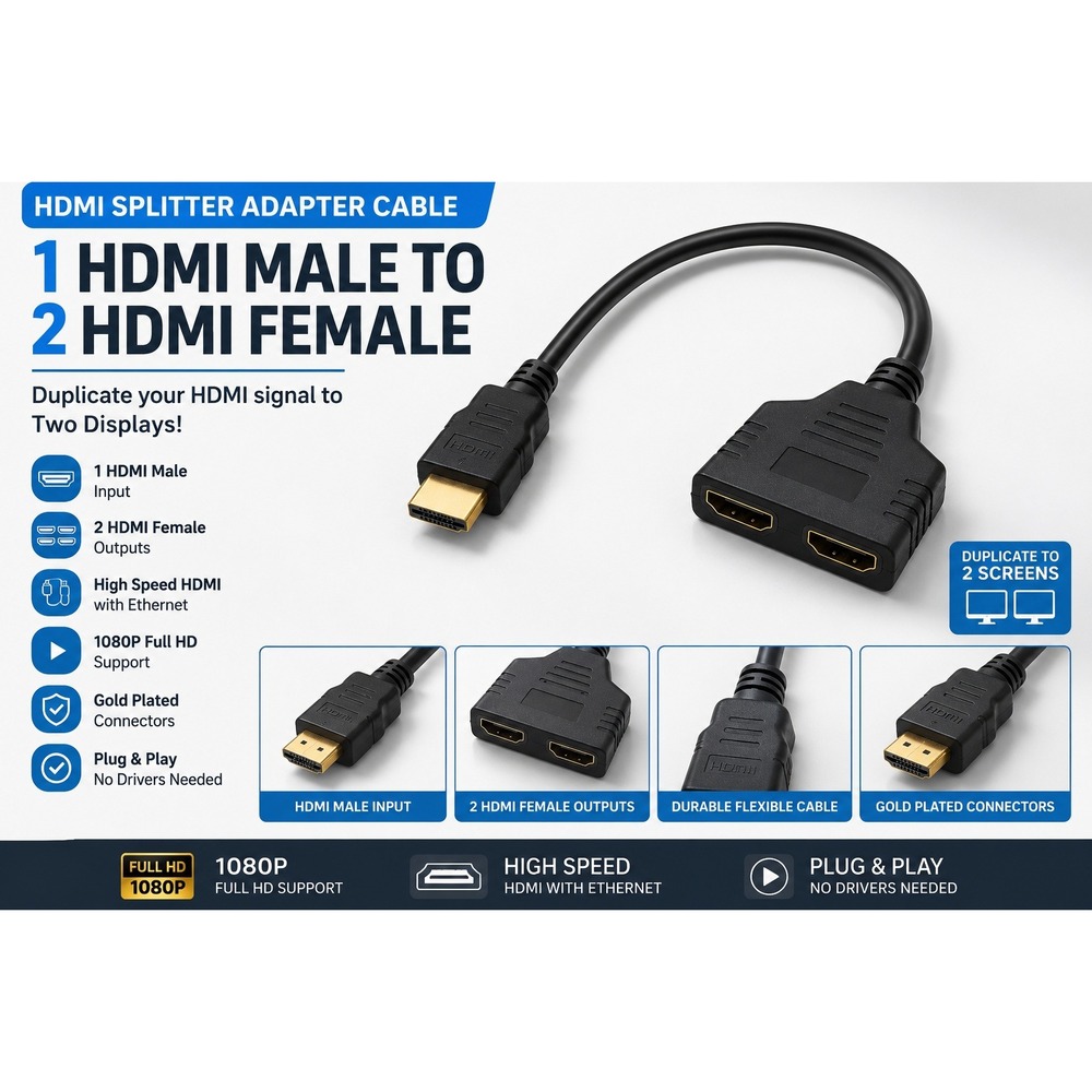 HDMI Splitter Cable 1 Male to 2‎ Female Adapter Gold Plated 1080P Black 1ft